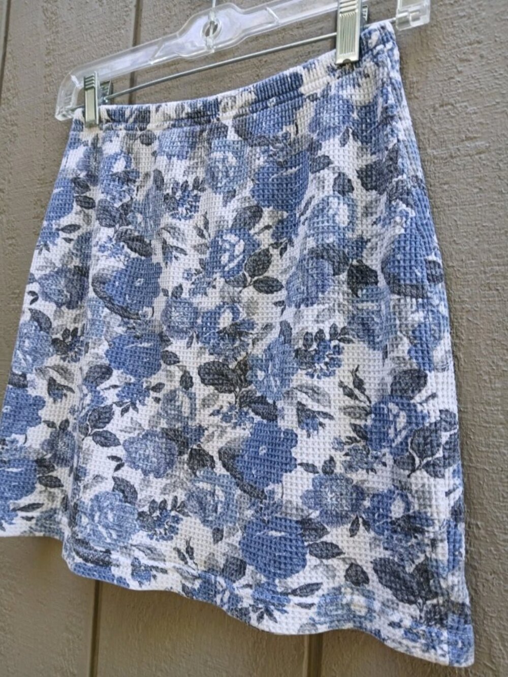 Vtg 90s Enchante Waffle Mini Skirt Small Grey Blue Rose Floral Made USA Cotton S